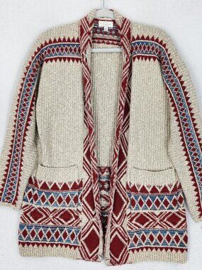 Lucky Brand Sweater Womens Large Tan Red Aztec Open Front Pockets Knit Cardigan